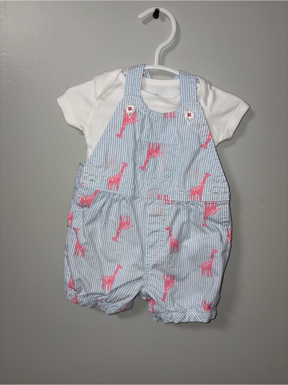 Just One You by Carters Blue & White Striped Shortalls Pink Giraffes Girls 3M